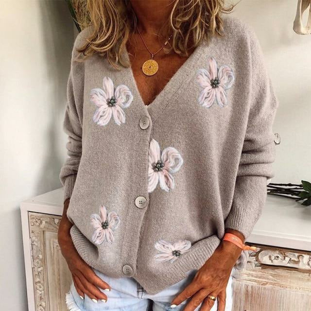 ModeGeist | Cardigan - Damen Frühlings Blumenkarten Strickcardigan