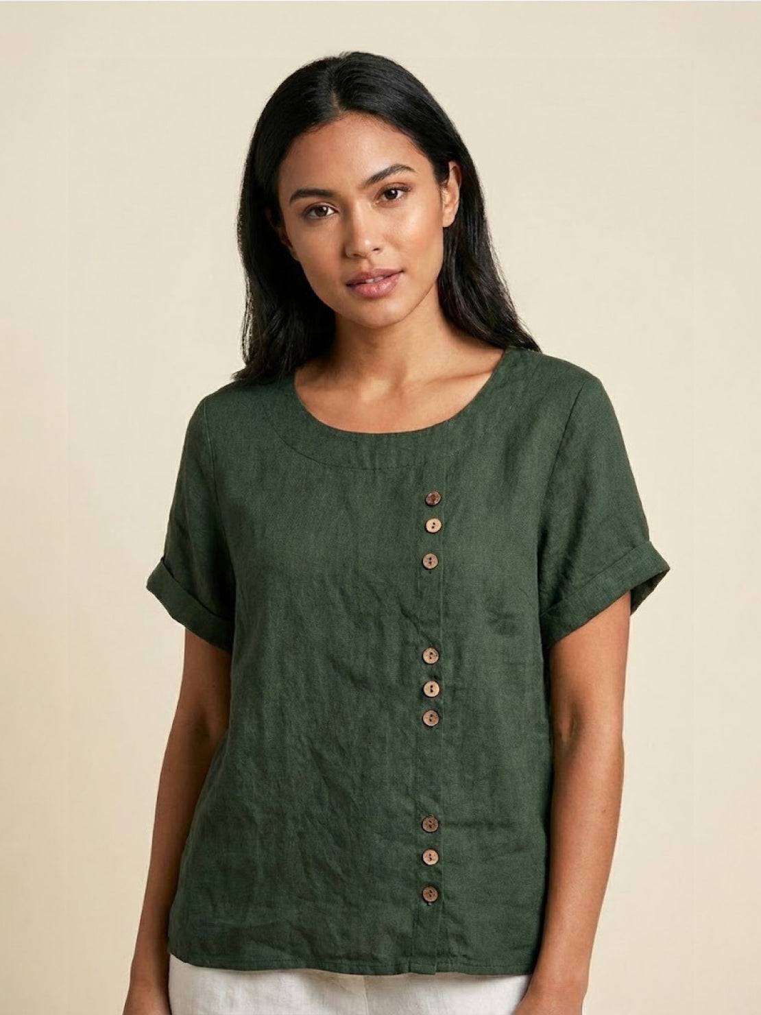 MODEGEIST Damen Kurzarm-Bluse Rundhalsausschnitt Leinen