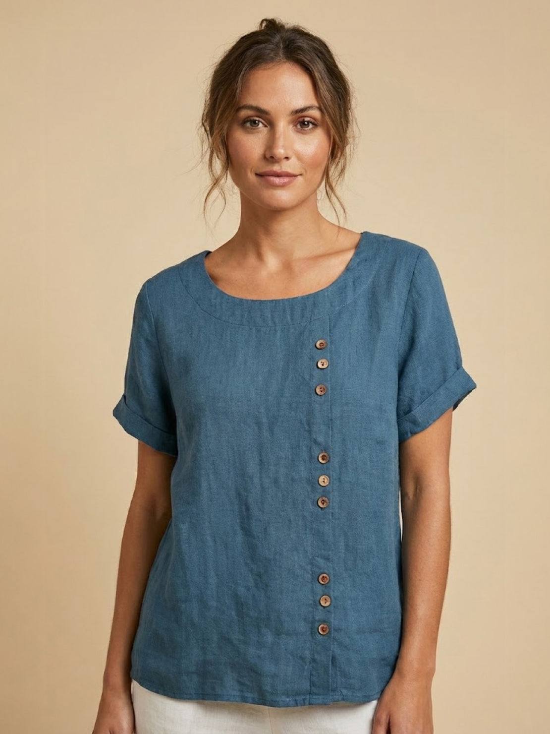 MODEGEIST Damen Kurzarm-Bluse Rundhals Knöpfe Leinen Casual