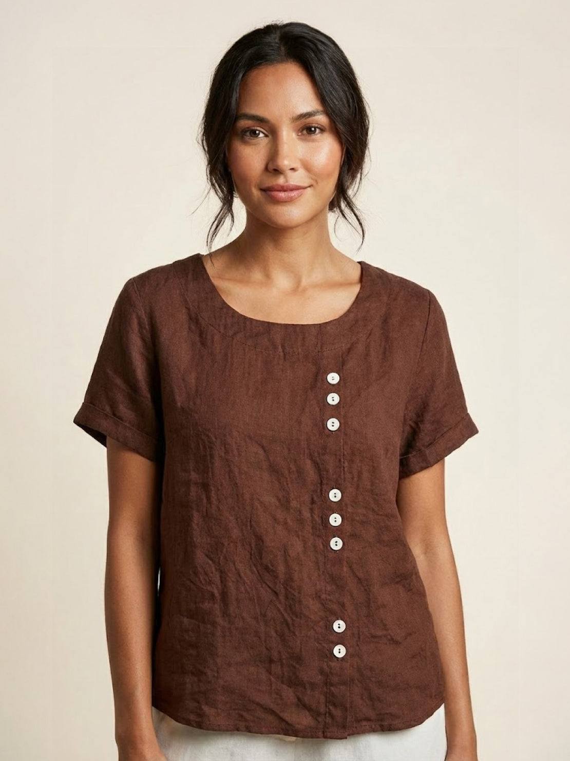 MODEGEIST Damen Kurzarm-Bluse Rundhals Knöpfe Leinen Casual