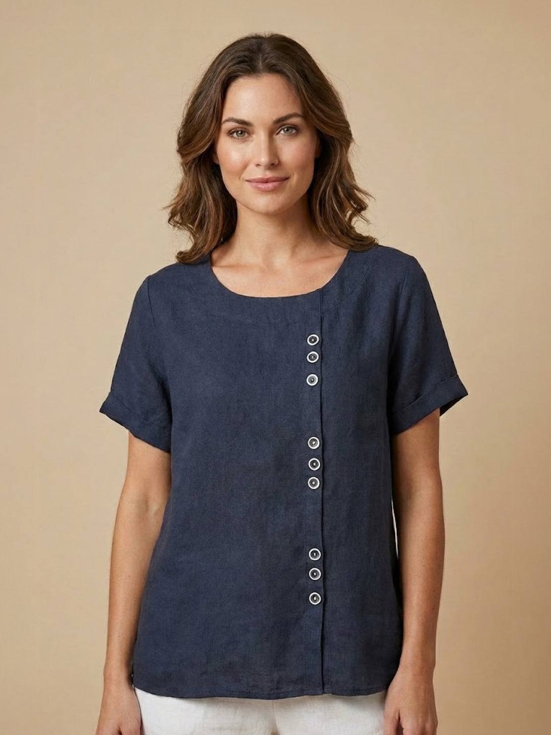 MODEGEIST Damen Kurzarm-Bluse Rundhals Knöpfe Leinen Casual