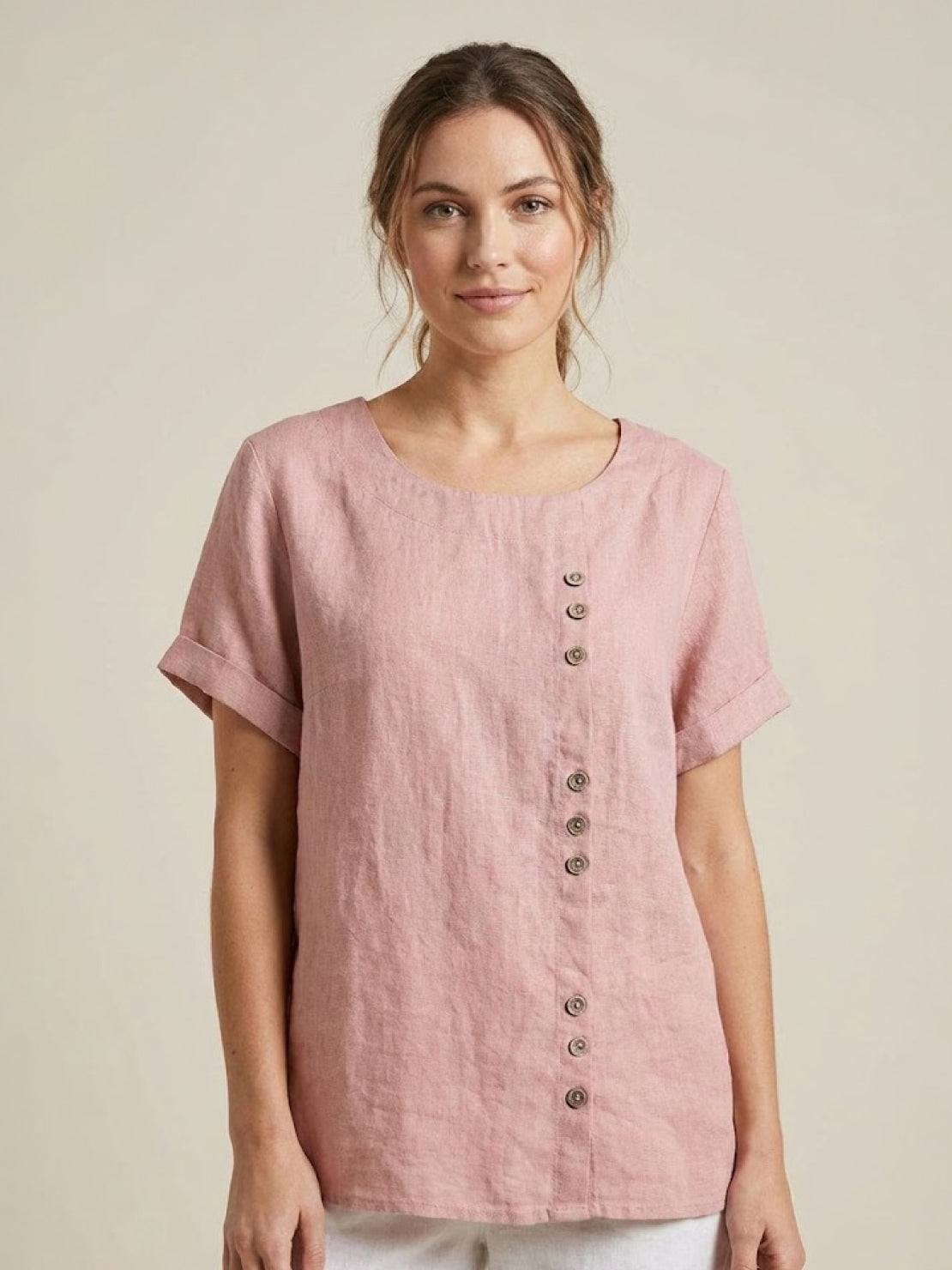 MODEGEIST Damen Kurzarm-Bluse Rundhals Knöpfe Leinen Casual