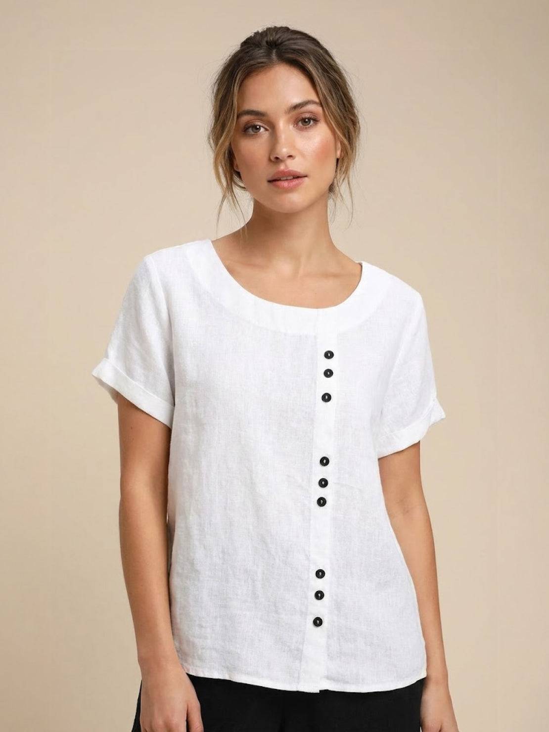 MODEGEIST Damen Kurzarm-Bluse Rundhals Knöpfe Leinen Casual