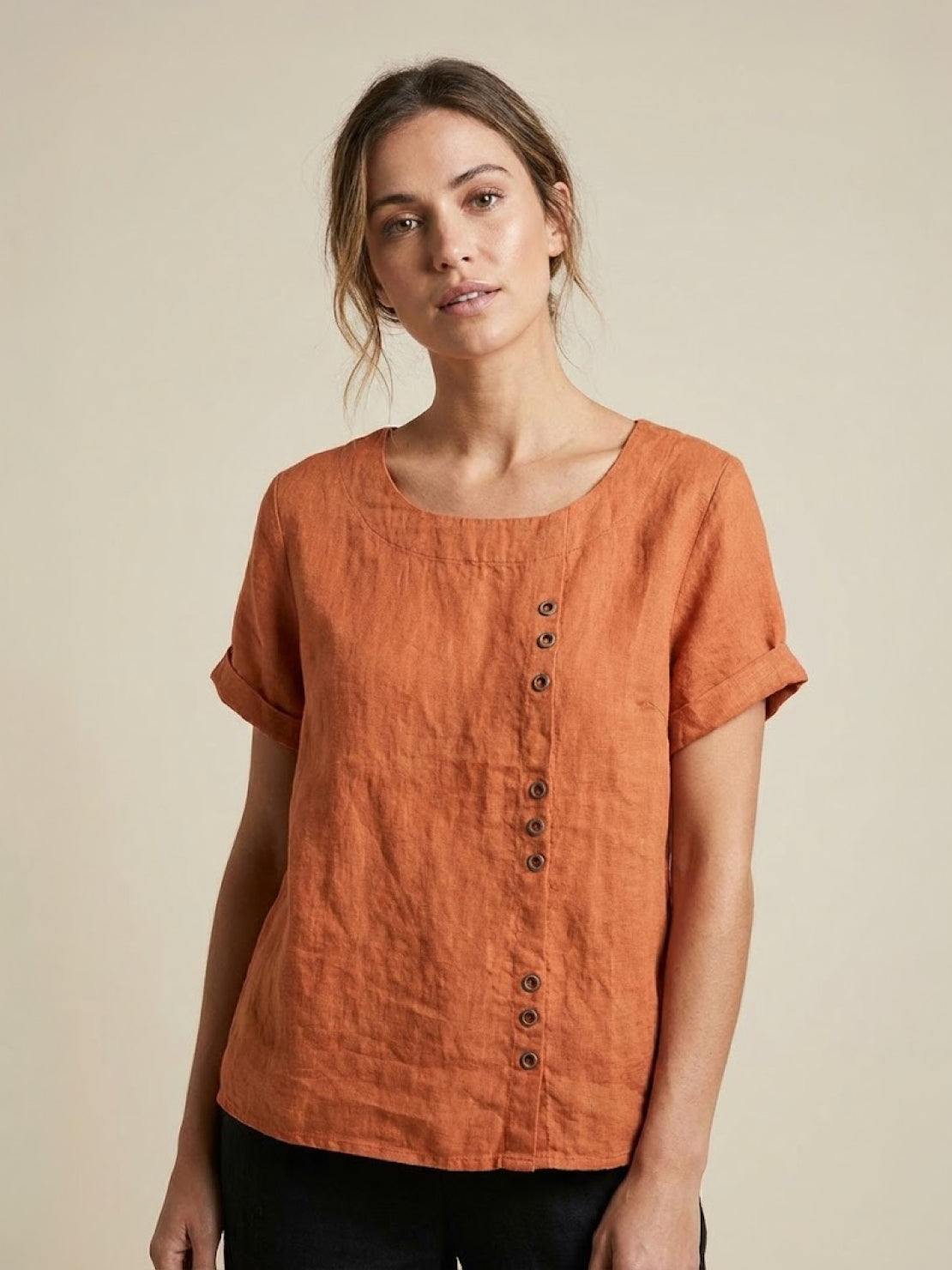 MODEGEIST Damen Kurzarm-Bluse Rundhals Knöpfe Leinen Casual