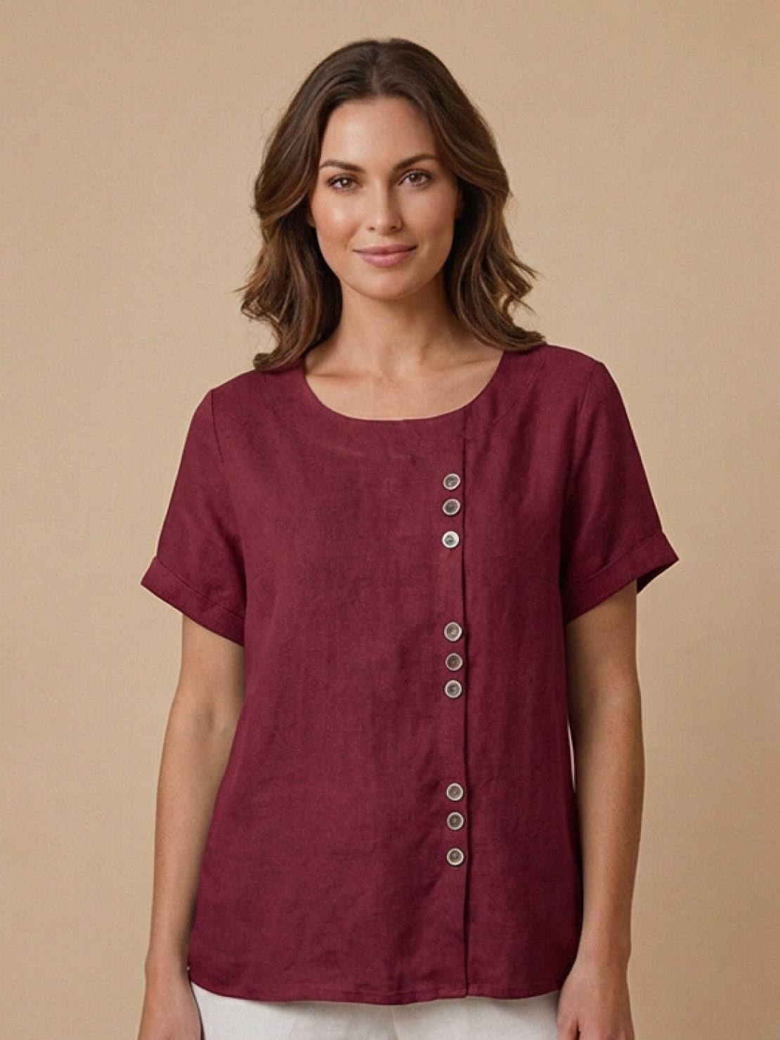 MODEGEIST Damen Kurzarm-Bluse Rundhals Knöpfe Leinen Casual