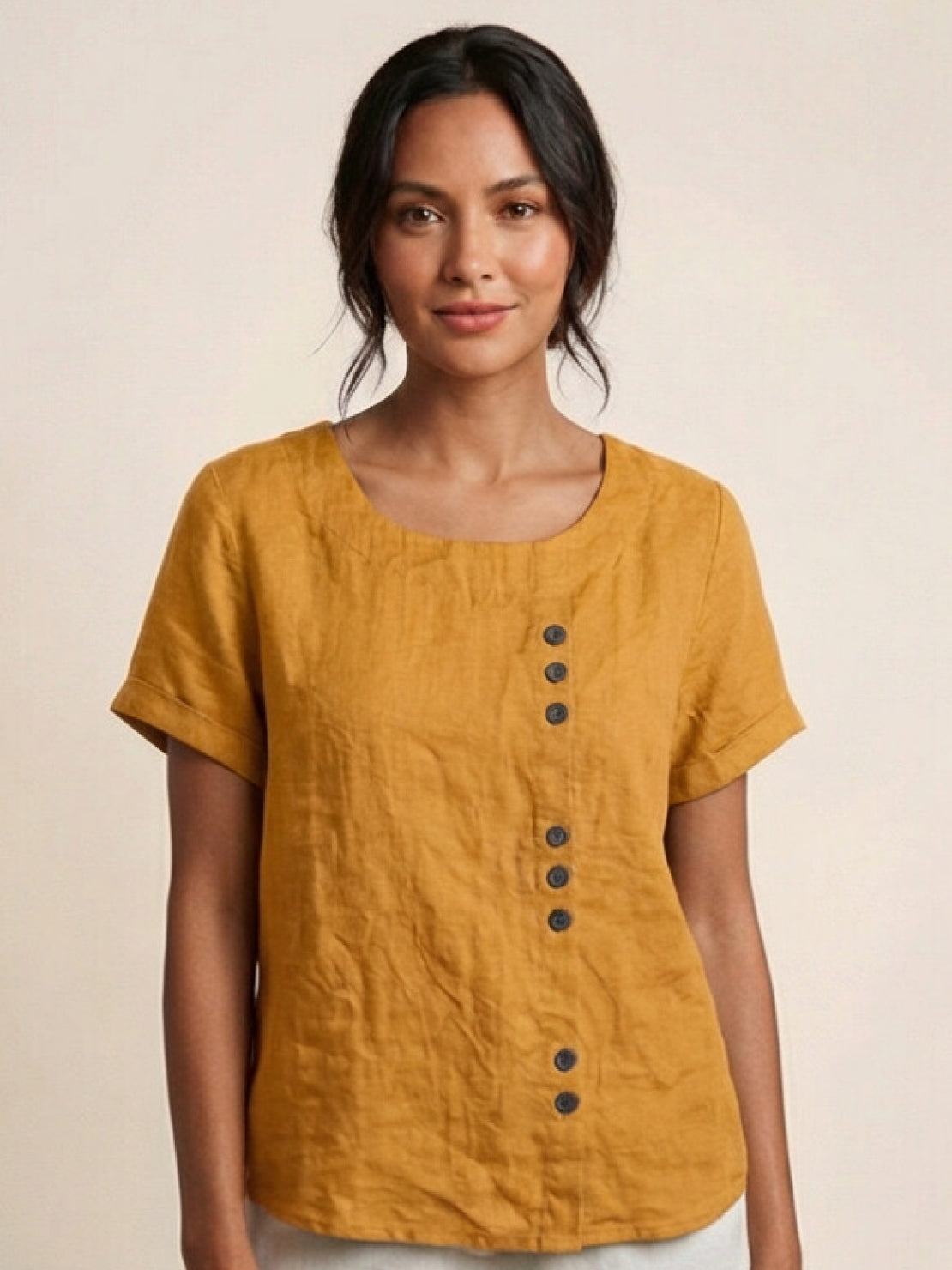 MODEGEIST Damen Kurzarm-Bluse Rundhals Knöpfe Leinen Casual