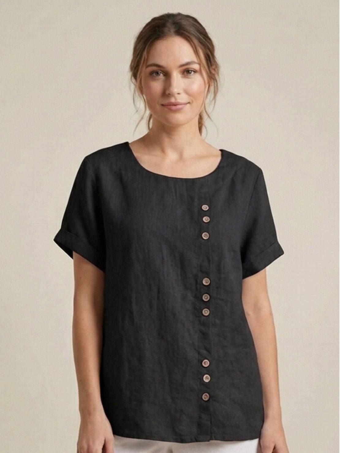 MODEGEIST Damen Kurzarm-Bluse Rundhals Knöpfe Leinen Casual