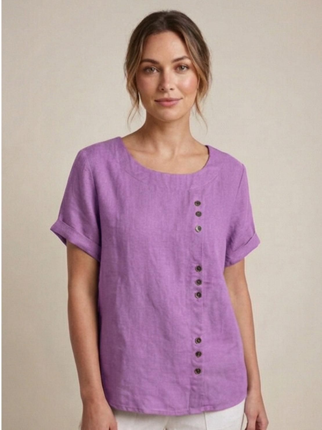 MODEGEIST Damen Kurzarm-Bluse Rundhals Knöpfe Leinen Casual