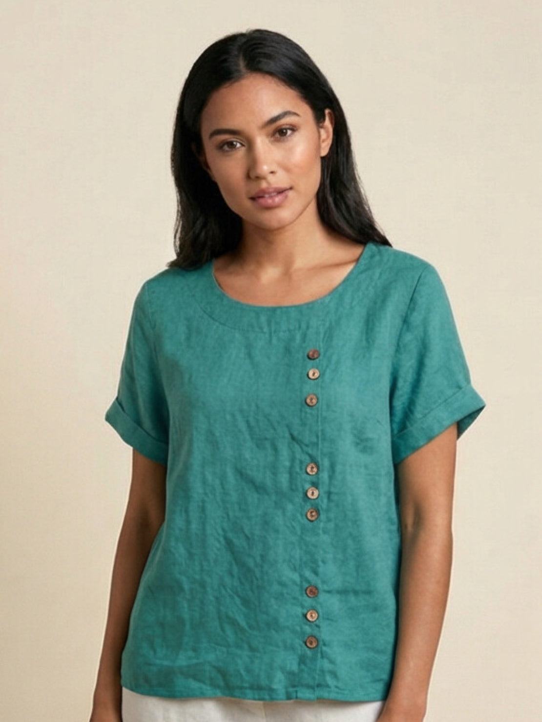 MODEGEIST Damen Kurzarm-Bluse Rundhals Knöpfe Leinen Casual