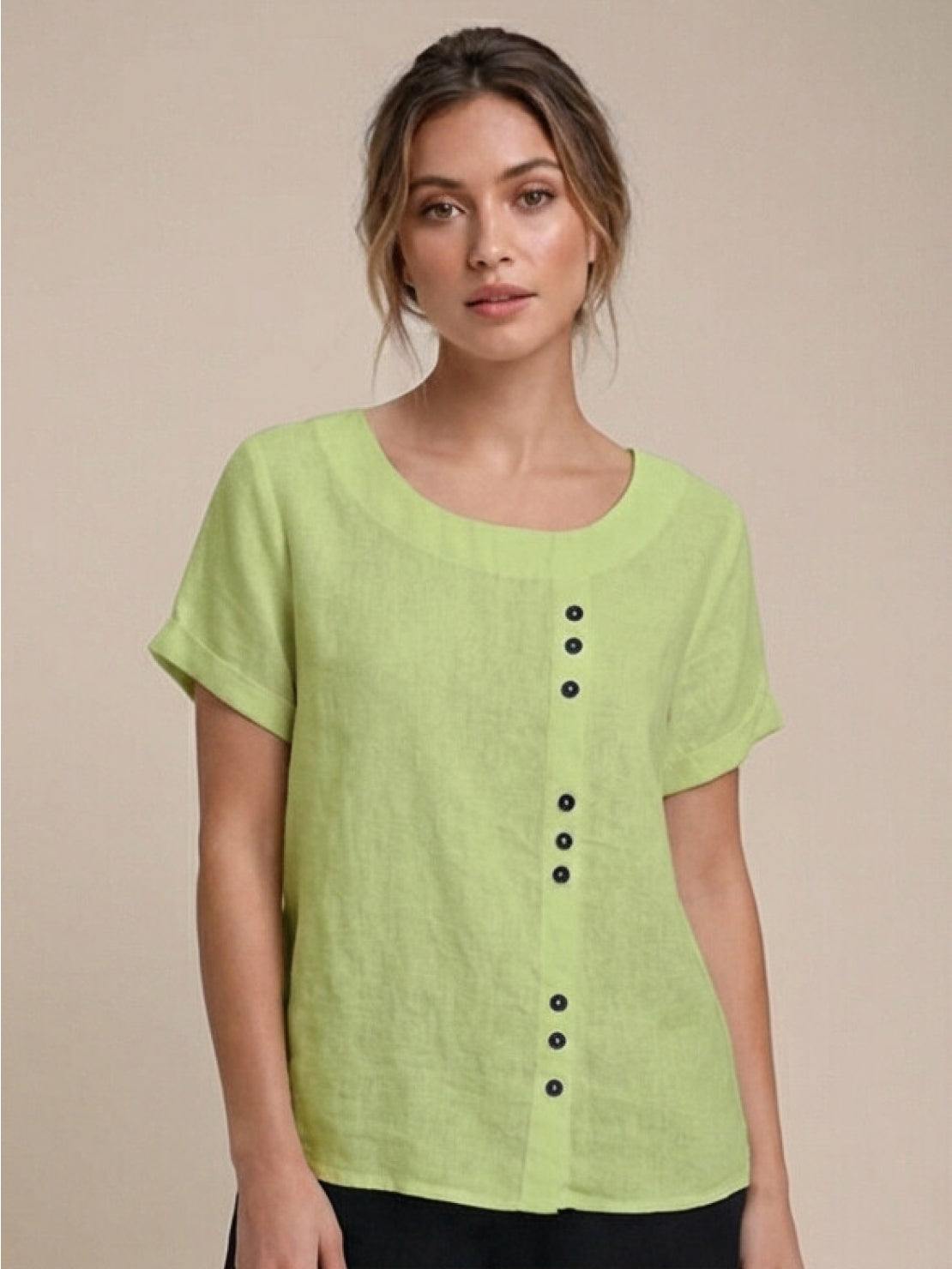 MODEGEIST Damen Kurzarm-Bluse Rundhals Knöpfe Leinen Casual