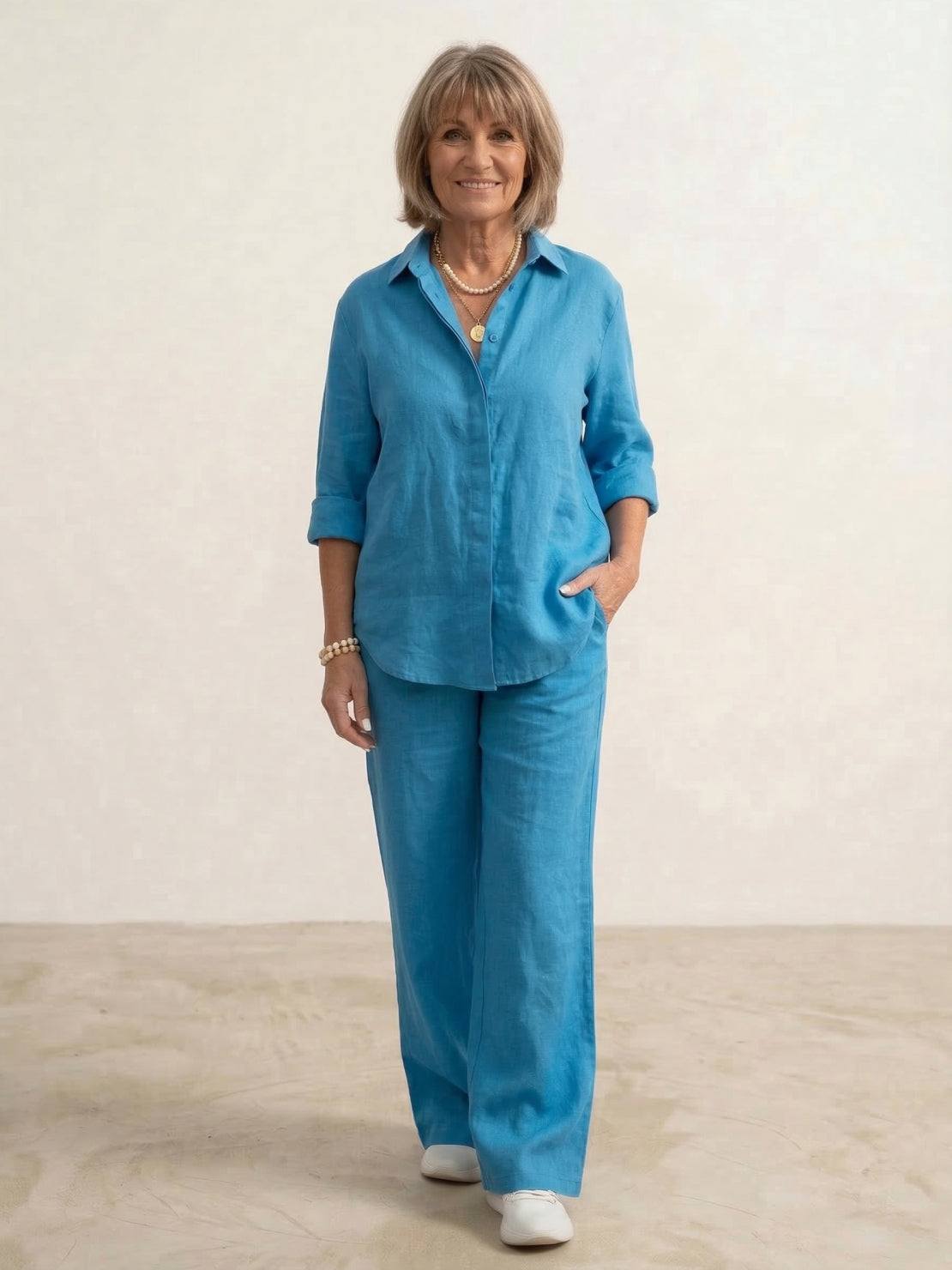 MODEGEIST Damen Zweiteiler Hemdbluse Weite Hose Set Marineblau