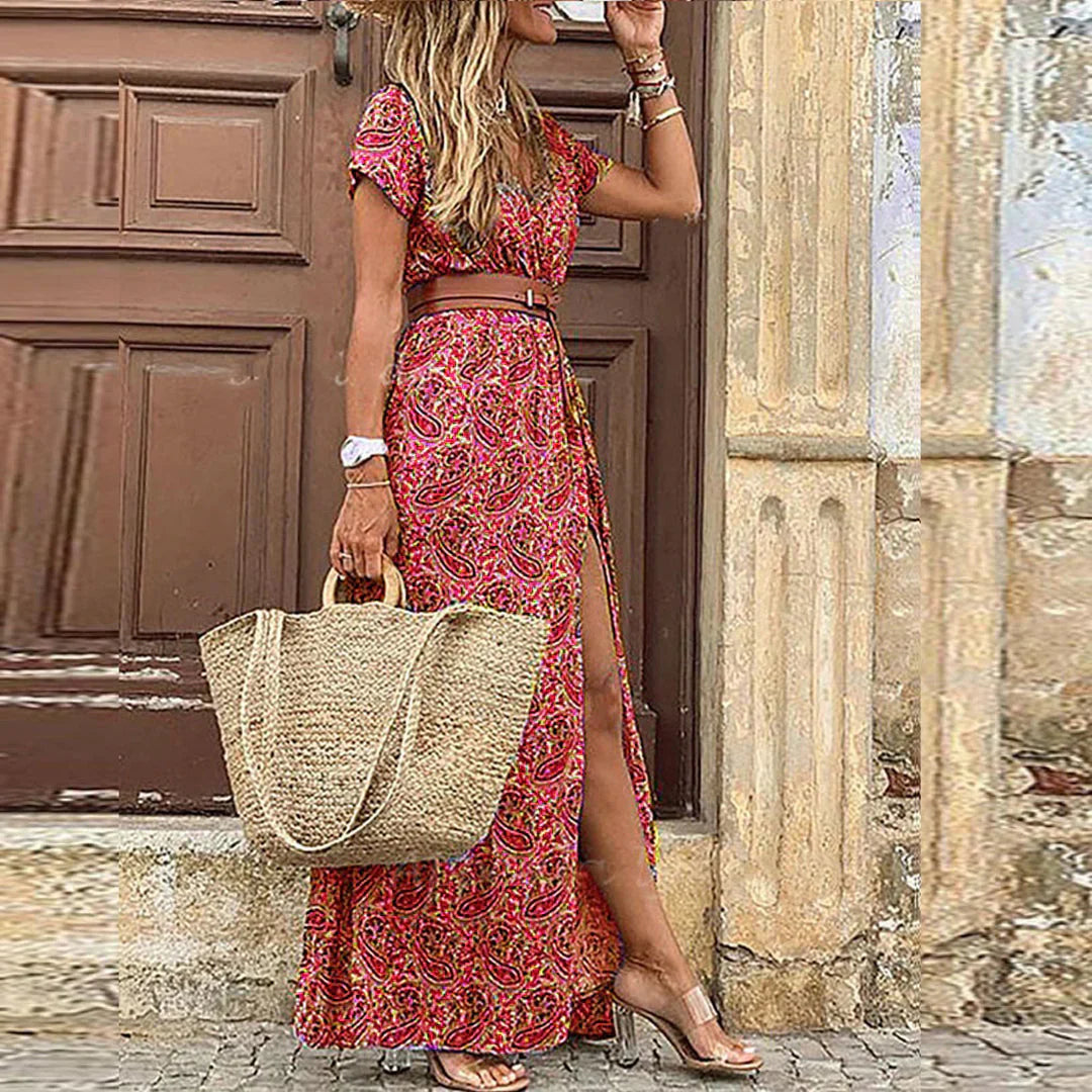 MODEGEIST Damen Boho Maxi-Kleid Luftiges Design Passender Gürtel Sommerkleid Muster