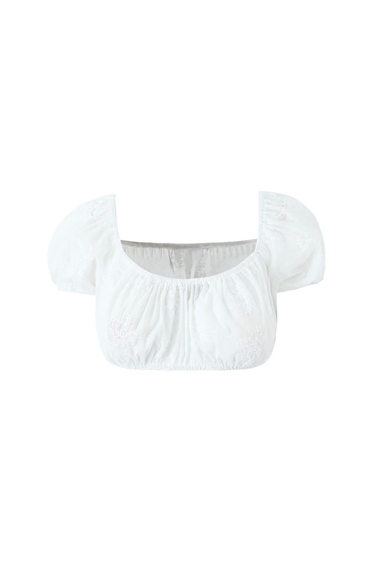 Raffiniertes Cropped Top mit Blumen Stickerei, Puffärmeln und Rundhalsausschnitt von Fudus