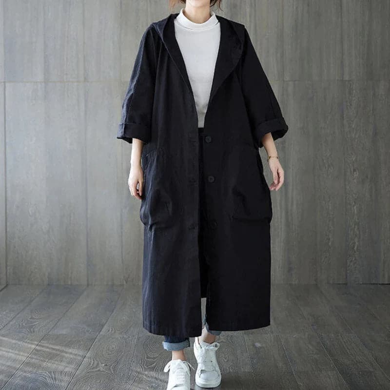 ModeGeist | Trenchcoat - Oversized Fit - Kapuze und Große Seitentaschen - Knopfverschluss