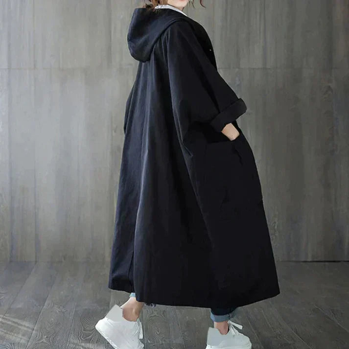 ModeGeist | trenchcoat - trendiger langer Damenmantel mit Taschen