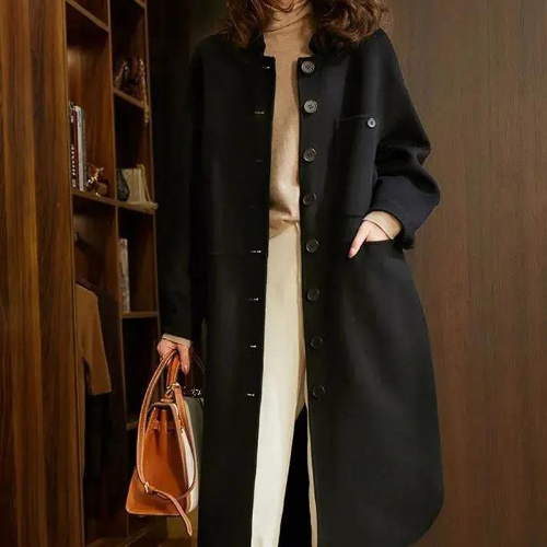 ModeGeist | für Frauen - Lang und Strukturiert - Wollmischung - Reverskragen - Klapptaschen