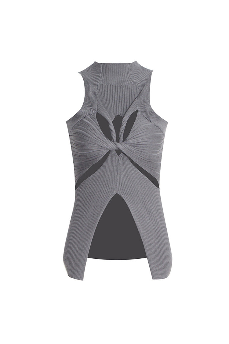 Layered Rib Knit Tank Top with Mock Neck, Twist Cutout, and Front Split