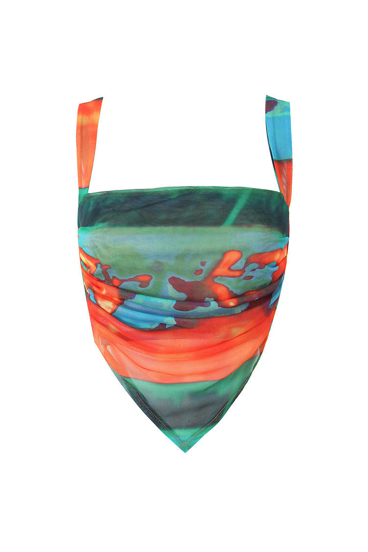 Sheer Mesh Crop Tank Top with Tie Dye Cowl Neck and Bow Tie Back
