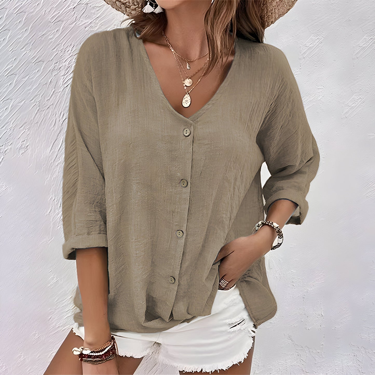 MODEGEIST Damen Bluse Relaxed-Fit V-Ausschnitt Atmungsaktiv