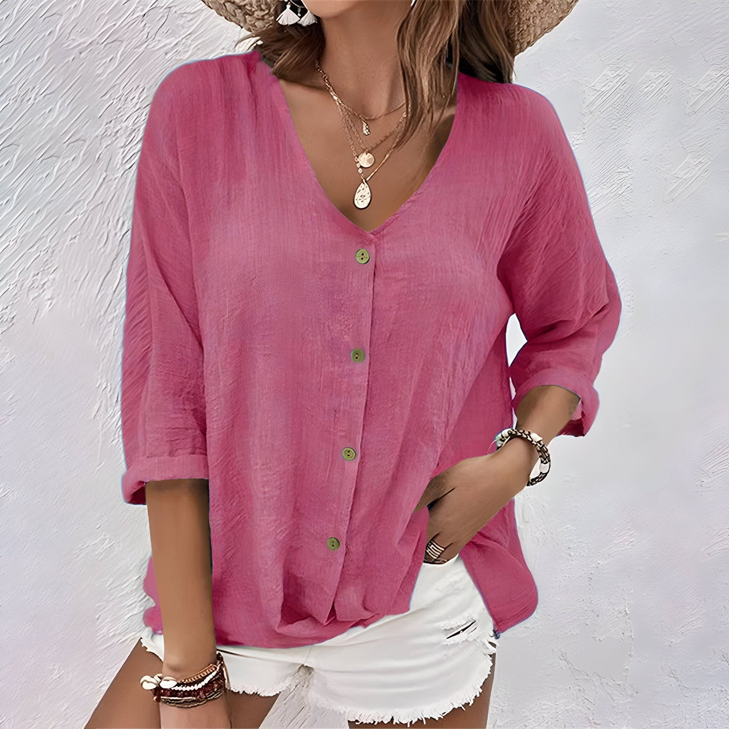 MODEGEIST Damen Bluse Relaxed-Fit V-Ausschnitt Atmungsaktiv