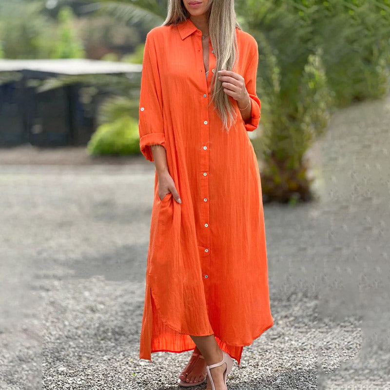 MODEGEIST Damen Maxikleid Hemdkleid Durchgeknöpft Casual