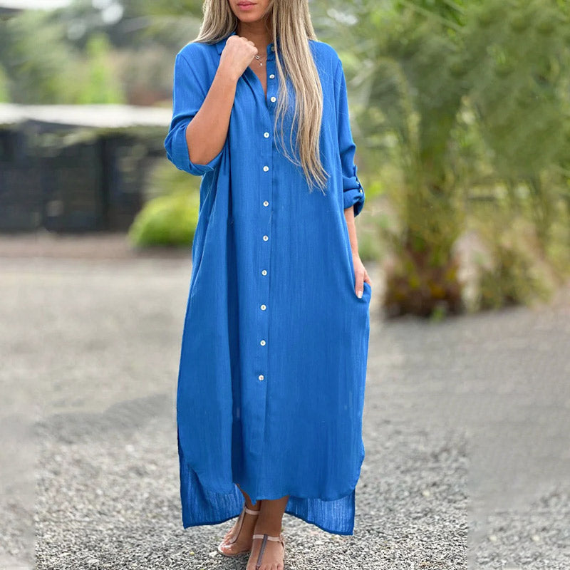 MODEGEIST Damen Maxikleid Hemdkleid Durchgeknöpft Casual