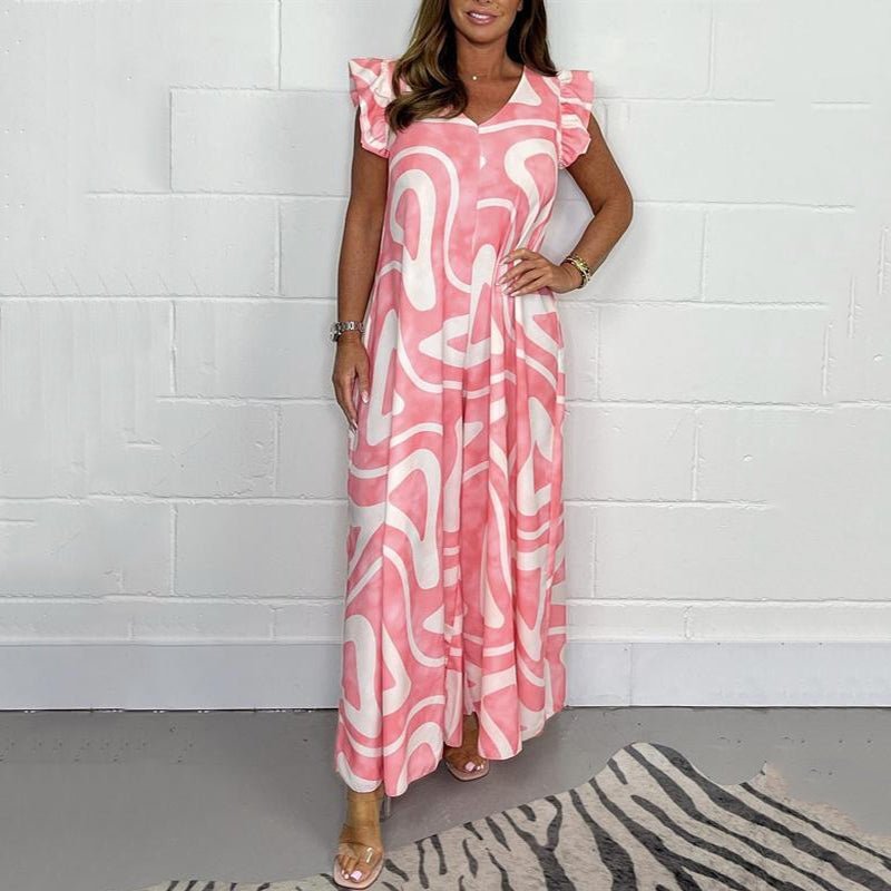 MODEGEIST Damen Jumpsuit V-Ausschnitt Rüschen Wide-Leg Abstract Print
