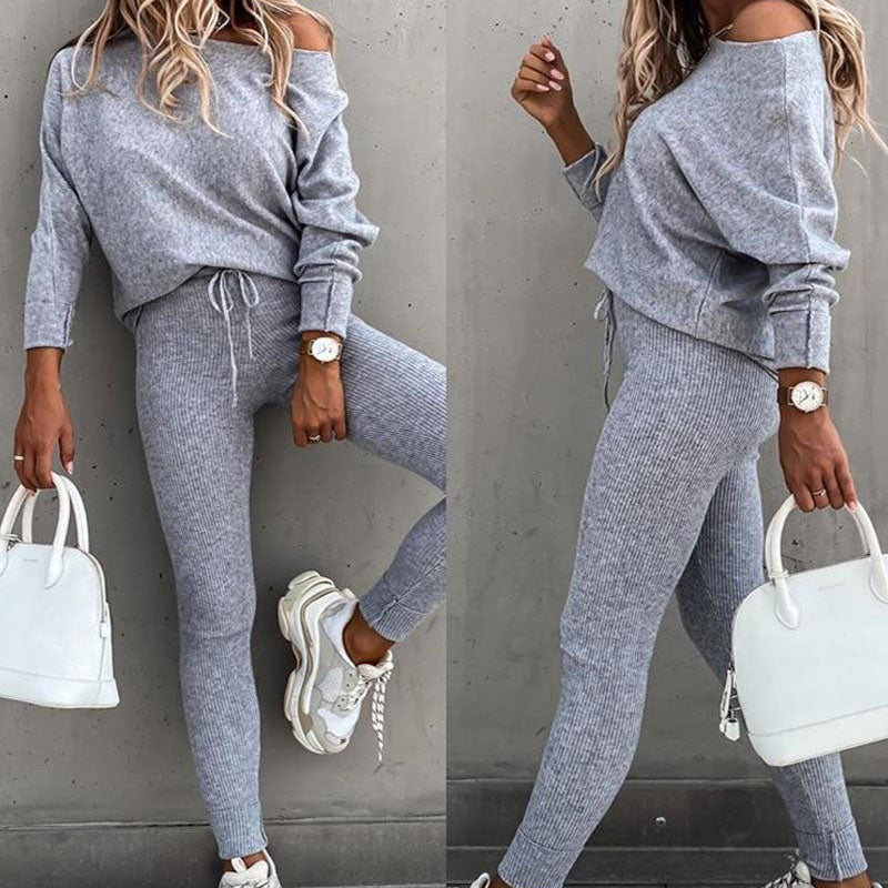 Damen-Set: Off-Shoulder Langarm-Top & Hose mit Kordelzug