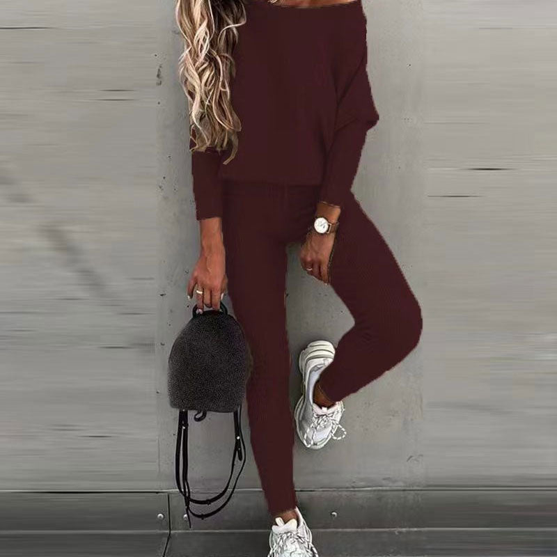 Damen-Set: Off-Shoulder Langarm-Top & Hose mit Kordelzug