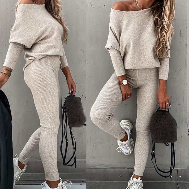 Damen-Set: Off-Shoulder Langarm-Top & Hose mit Kordelzug