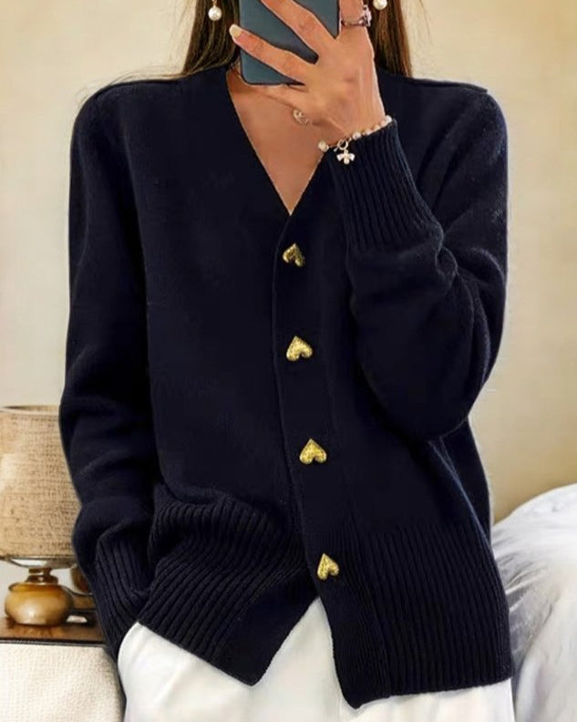 MODEGEIST Damen Cardigan Herz-Knöpfe Strick Beige Kuschelig