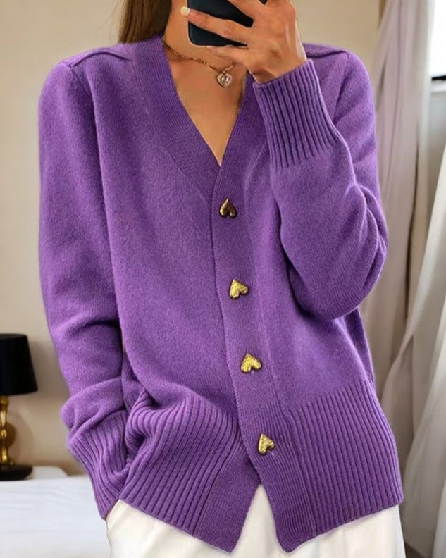 MODEGEIST Damen Cardigan Herz-Knöpfe Strick Beige Kuschelig