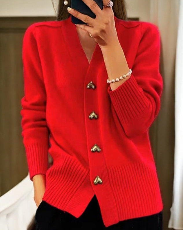 MODEGEIST Damen Cardigan Herz-Knöpfe Strick Beige Kuschelig