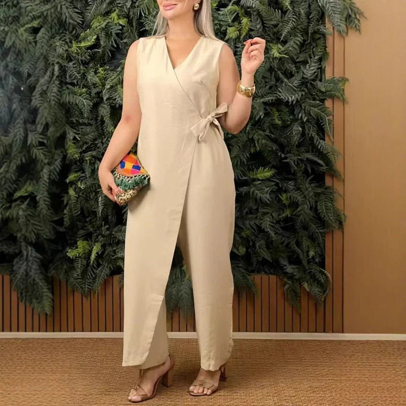 MODEGEIST Damen Wide-Leg Jumpsuit Wrap V-Ausschnitt Gürtel Terrakotta