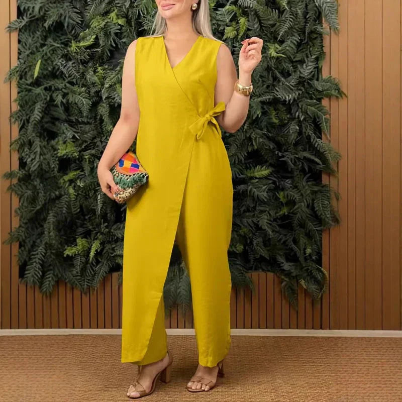 MODEGEIST Damen Wide-Leg Jumpsuit Wrap V-Ausschnitt Gürtel Terrakotta