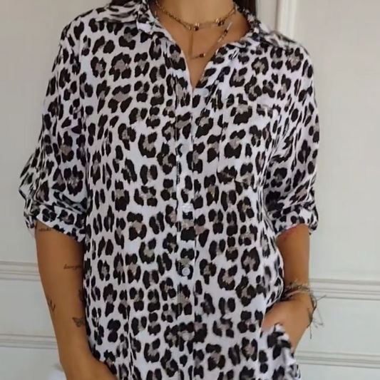 MODEGEIST Damen Bluse Leoparden-Print Kurzarm