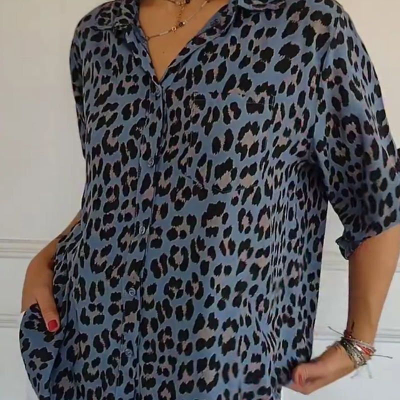 MODEGEIST Damen Bluse Leoparden-Print Kurzarm Relaxed Fit