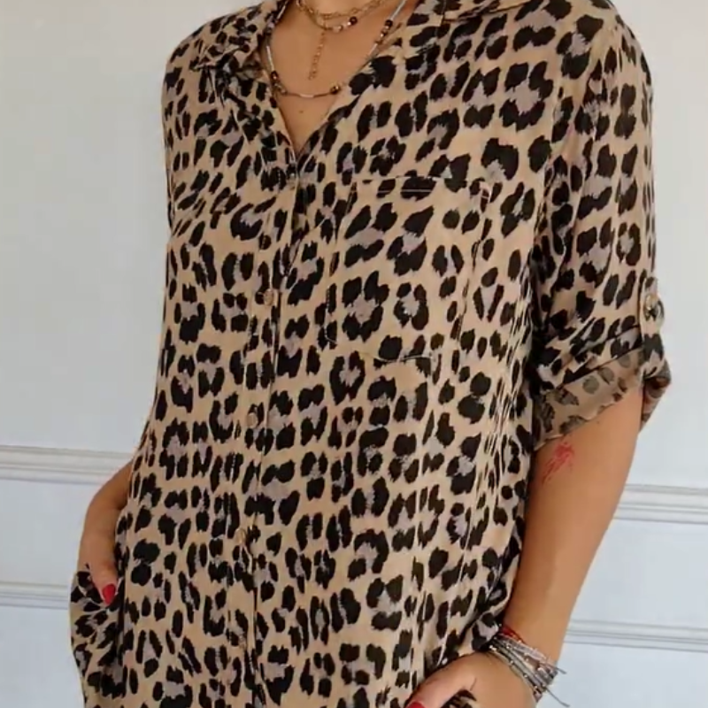 MODEGEIST Damen Bluse Leoparden-Print Kurzarm Relaxed Fit