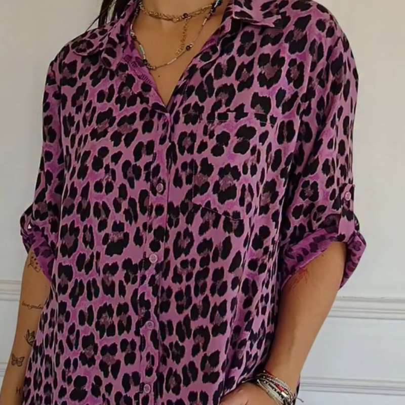 MODEGEIST Damen Bluse Leoparden-Print Kurzarm Relaxed Fit