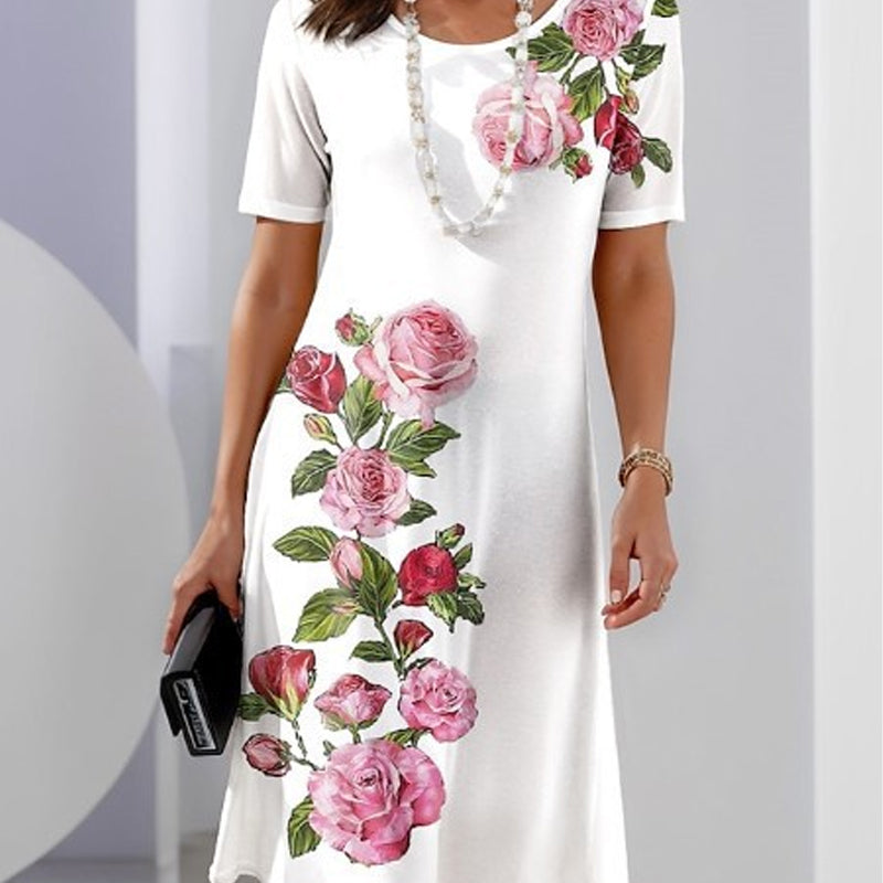 MODEGEIST Damen Kleid A-Linie Blumenmuster kurze Ärmel Baumwolle