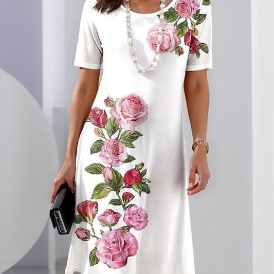 MODEGEIST Damen Kleid A-Linie Blumenmuster kurze Ärmel Baumwolle