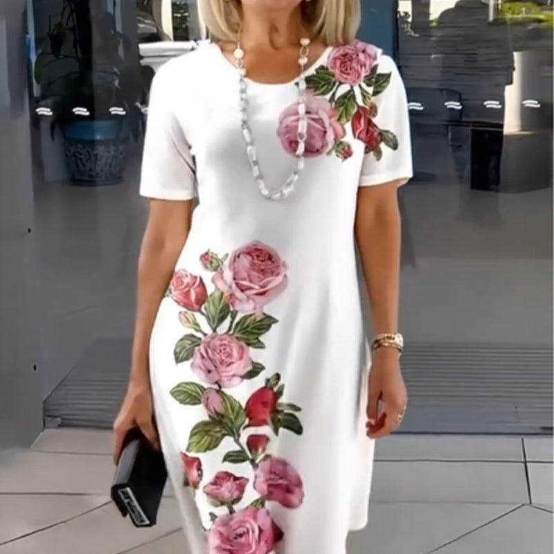 MODEGEIST Damen Kleid A-Linie Blumenmuster kurze Ärmel Baumwolle