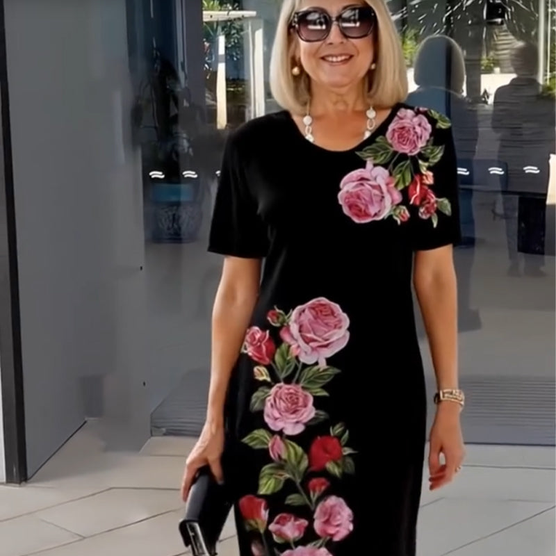 MODEGEIST Damen Kleid A-Linie Blumenmuster kurze Ärmel Baumwolle