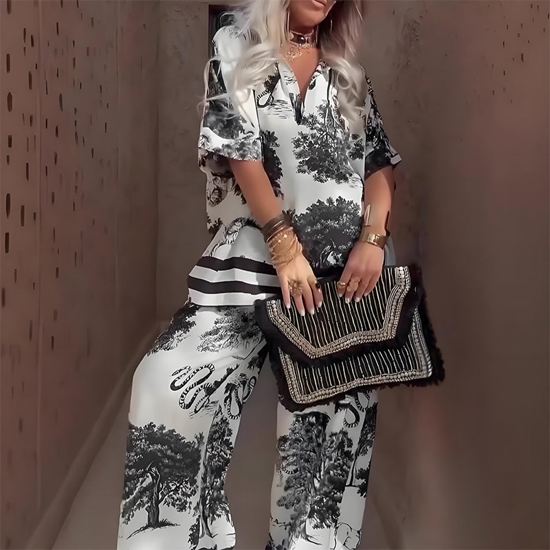 MODEGEIST Damen Set V-Ausschnitt Top Gemustert Lange Hose