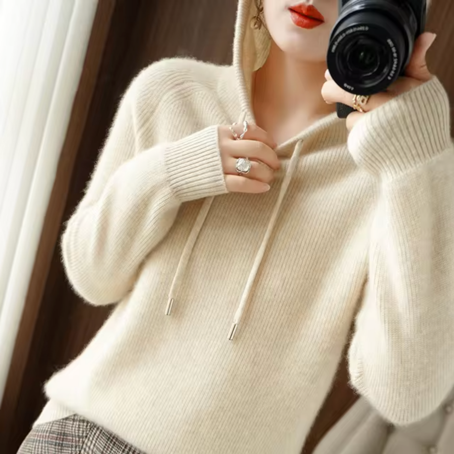 Fudus Damen Strick Kapuzenpullover