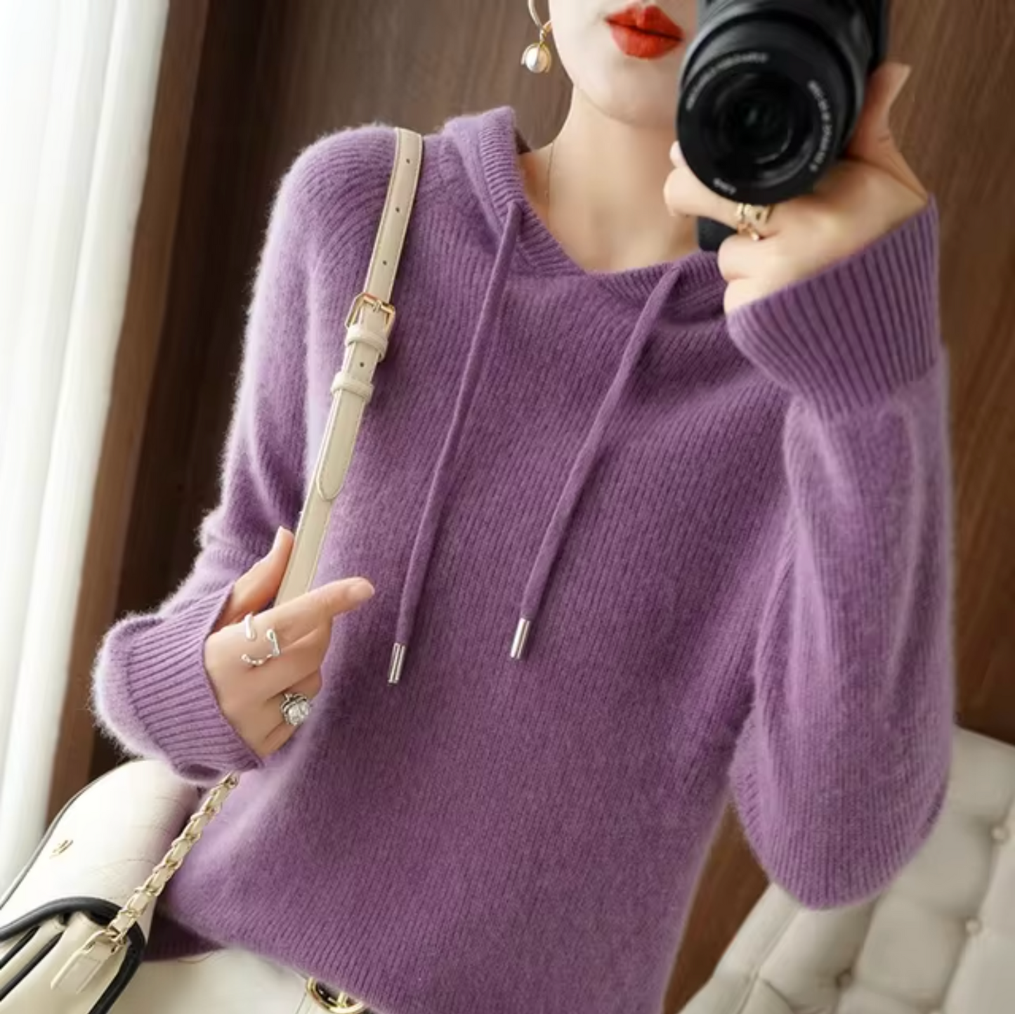 Fudus Damen Strick Kapuzenpullover