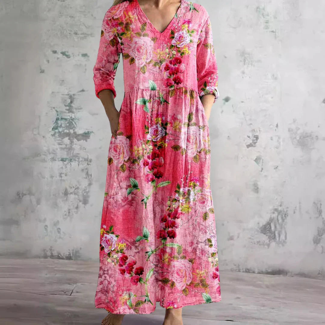 MODEGEIST Damen Maxi-Kleid Blumenmuster V-Ausschnitt