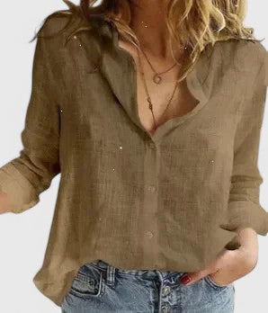 MODEGEIST Damen Button-Down Bluse Leinen Wellenförmiger Reverskragen Relaxed-Fit