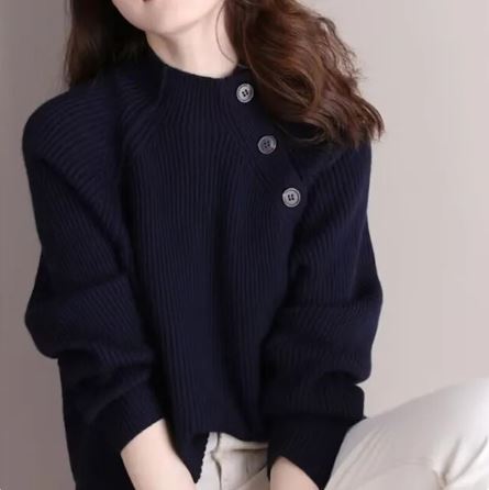 Damen-Pullover mit Knöpfen aus geripptem Langarm-Strick