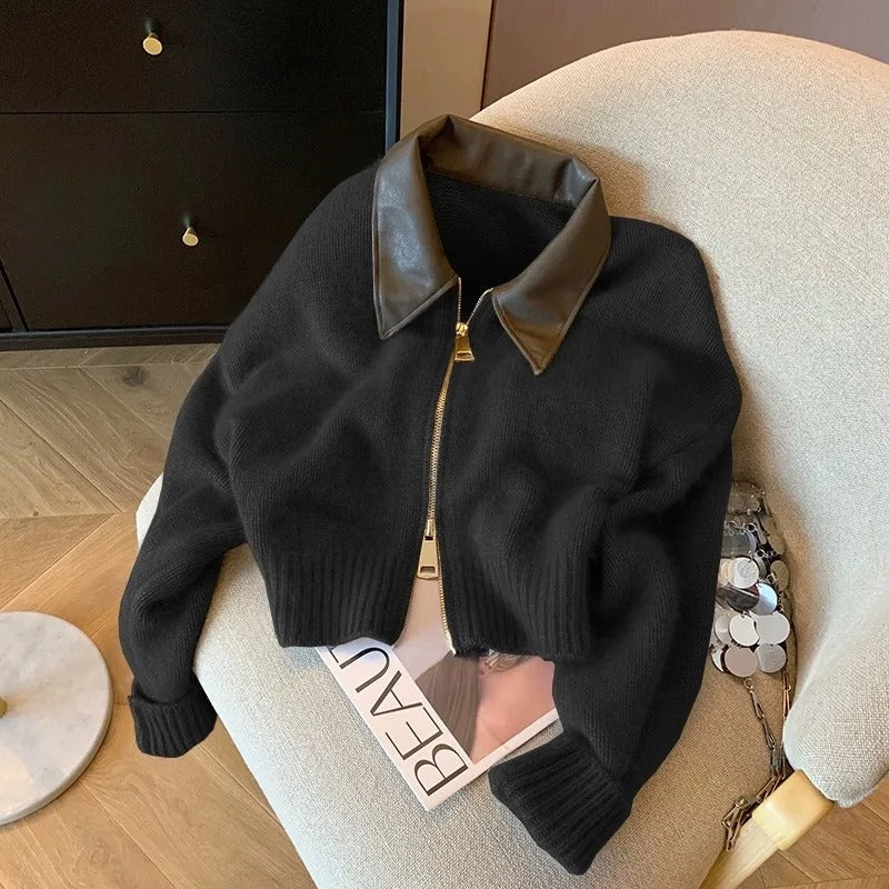 ModeGeist | Strickjacke mit Reißverschluss und Lederkragen